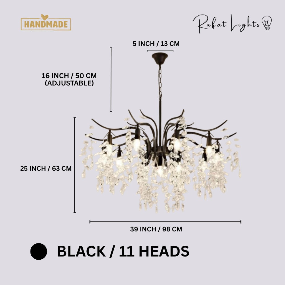 Nordic Art Branch Golden Crystal Chandelier Black 11 Heads dimensions: 39 in (98 cm) wide, 25 in (63 cm) high, 16 in (50 cm) adjustable chain