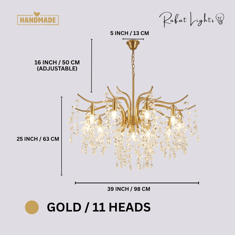 Nordic Art Branch Golden Crystal Chandelier Gold 11 Heads dimensions: 39 in (98 cm) wide, 25 in (63 cm) high, 16 in (50 cm) adjustable chain