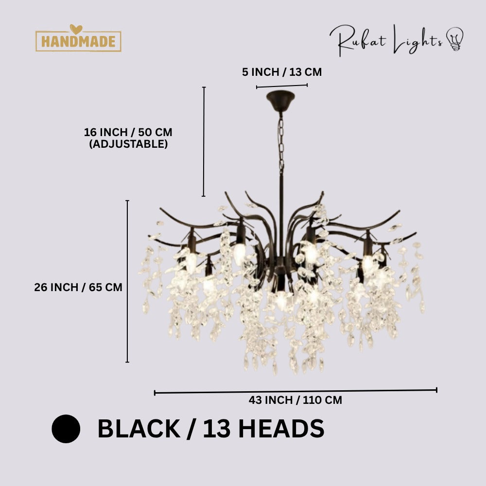 Nordic Art Branch Golden Crystal Chandelier Black 13 Heads dimensions: 43 in (110 cm) wide, 26 in (65 cm) high, 16 in (50 cm) adjustable chain