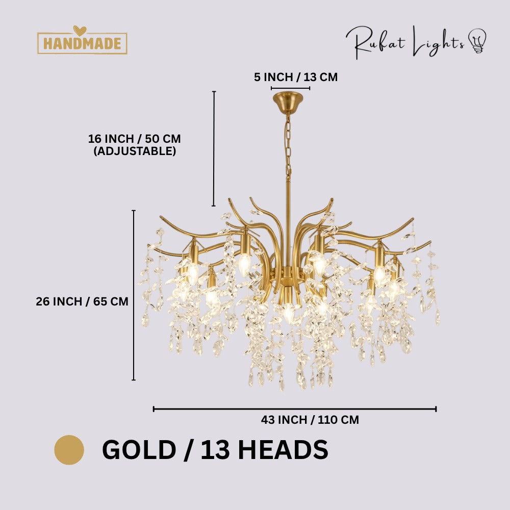 Nordic Art Branch Golden Crystal Chandelier Gold 13 Heads dimensions: 43 in (110 cm) wide, 26 in (65 cm) high, 16 in (50 cm) adjustable chain