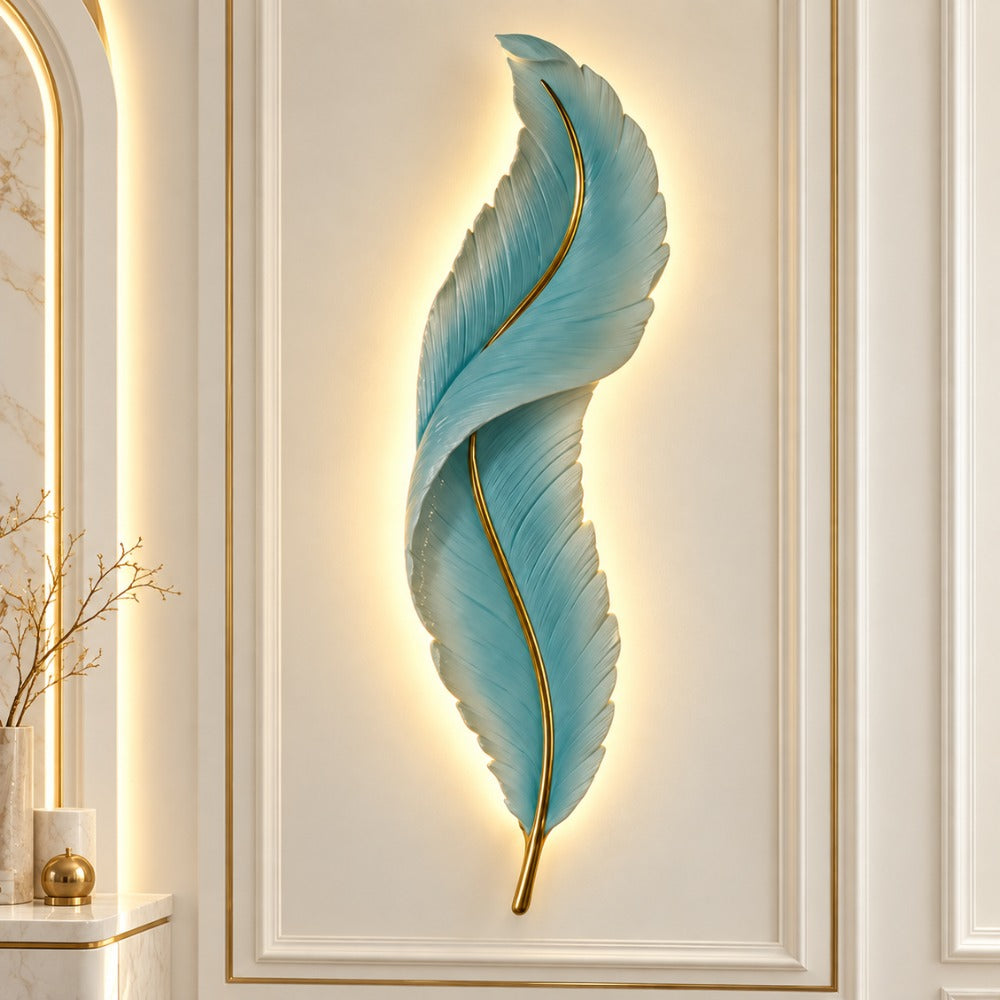 Nordic Decorative Luxury Feather Wall Lamp Blue feather on a white panel wall