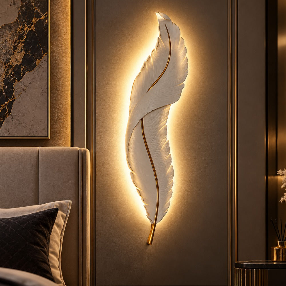 Nordic Decorative Luxury Feather Wall Lamp White beside a bed