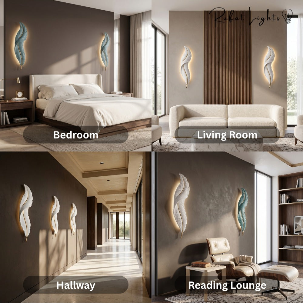 Nordic Decorative Luxury Feather Wall Lamp shown in a bedroom, living room, hallway and reading lounge