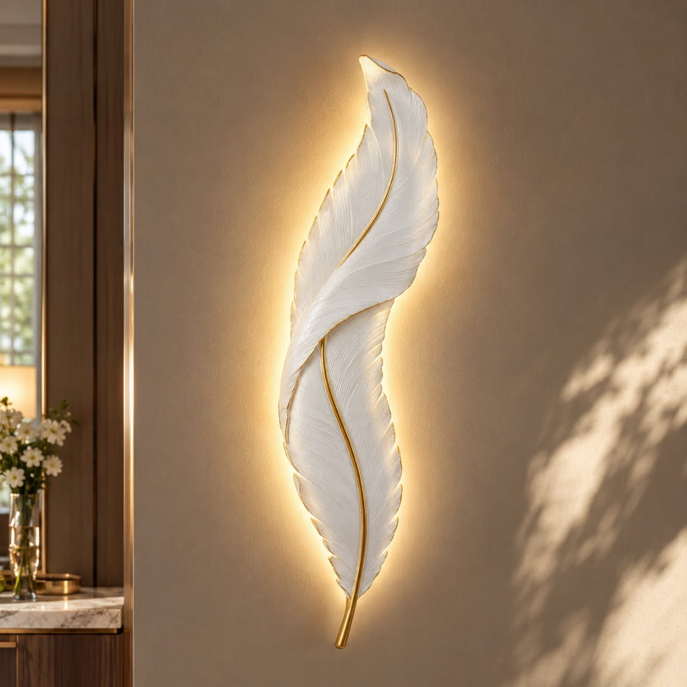 Nordic Decorative Luxury Feather Wall Lamp White with leaf shadows