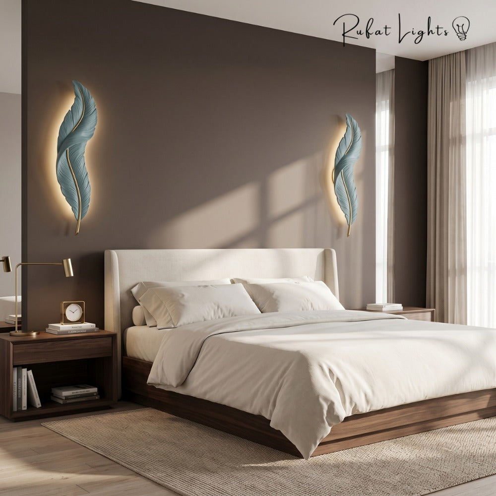 Nordic Decorative Luxury Feather Wall Lamp Blue beside a bed