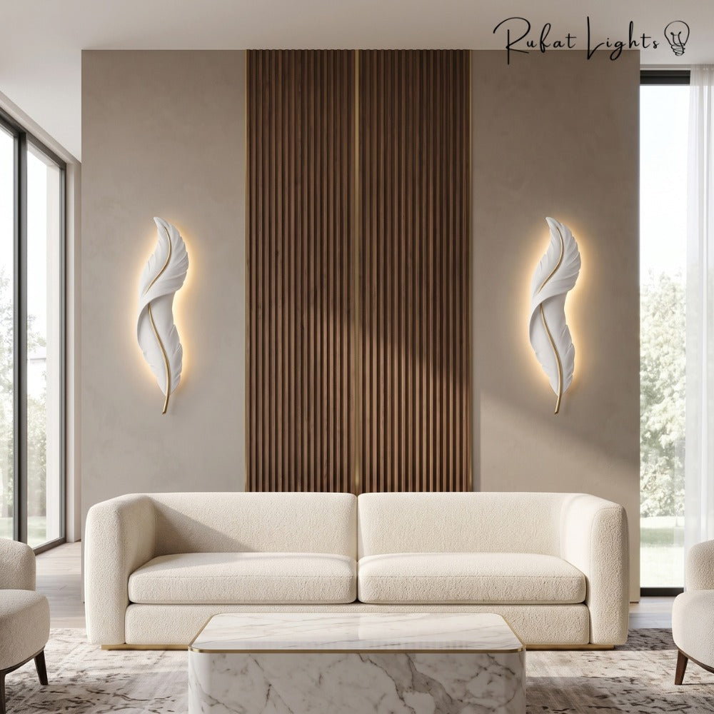 Nordic Decorative Luxury Feather Wall Lamp White pair above a sofa