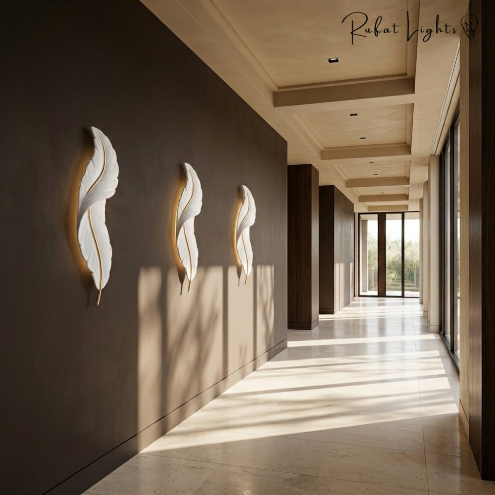 Nordic Decorative Luxury Feather Wall Lamp White trio in a hallway
