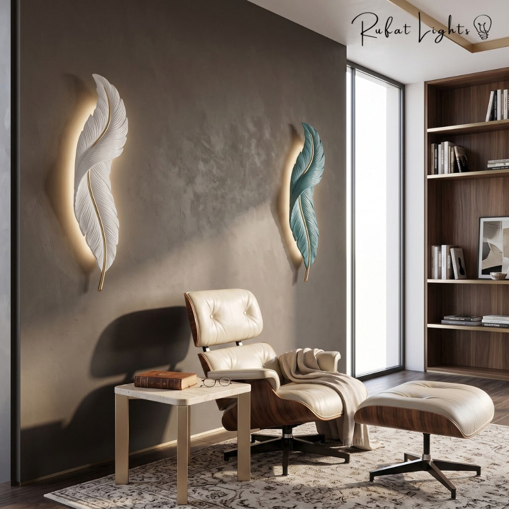 Nordic Decorative Luxury Feather Wall Lamp White and Blue in a reading lounge