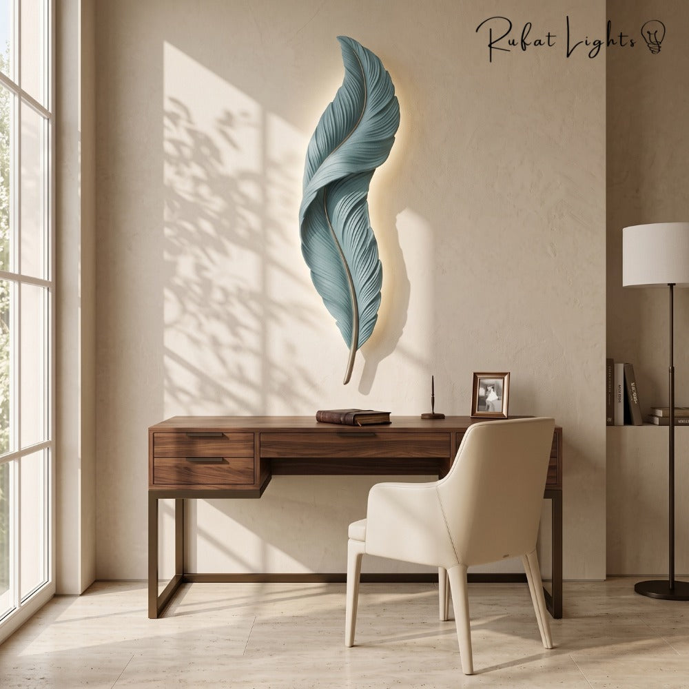 Nordic Decorative Luxury Feather Wall Lamp Blue above a desk