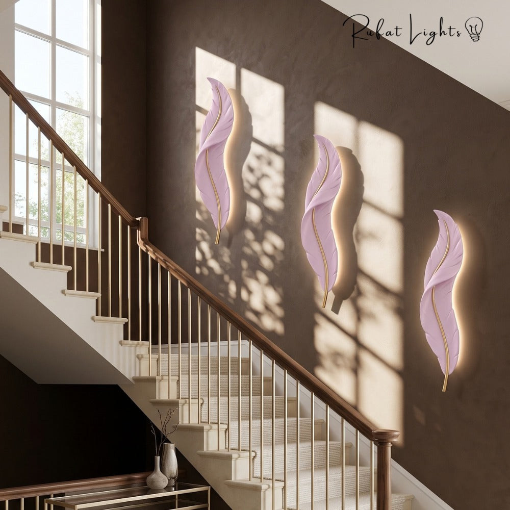 Nordic Decorative Luxury Feather Wall Lamp Pink trio along a staircase