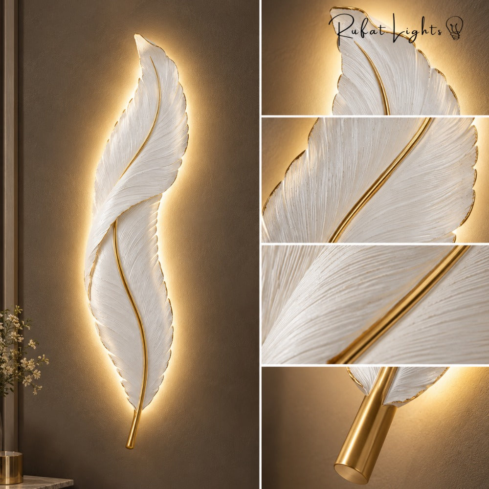 Nordic Decorative Luxury Feather Wall Lamp White feather details
