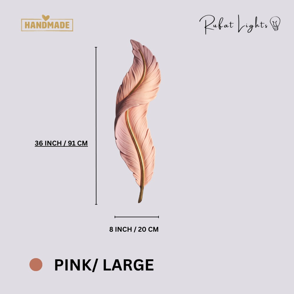 Nordic Decorative Luxury Feather Wall Lamp Pink Large dimensions: 8 in (20 cm) wide, 36 in (91 cm) high