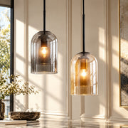 Nordic Double Glass Pendant Light Grey and Brown pair glowing in sunlight