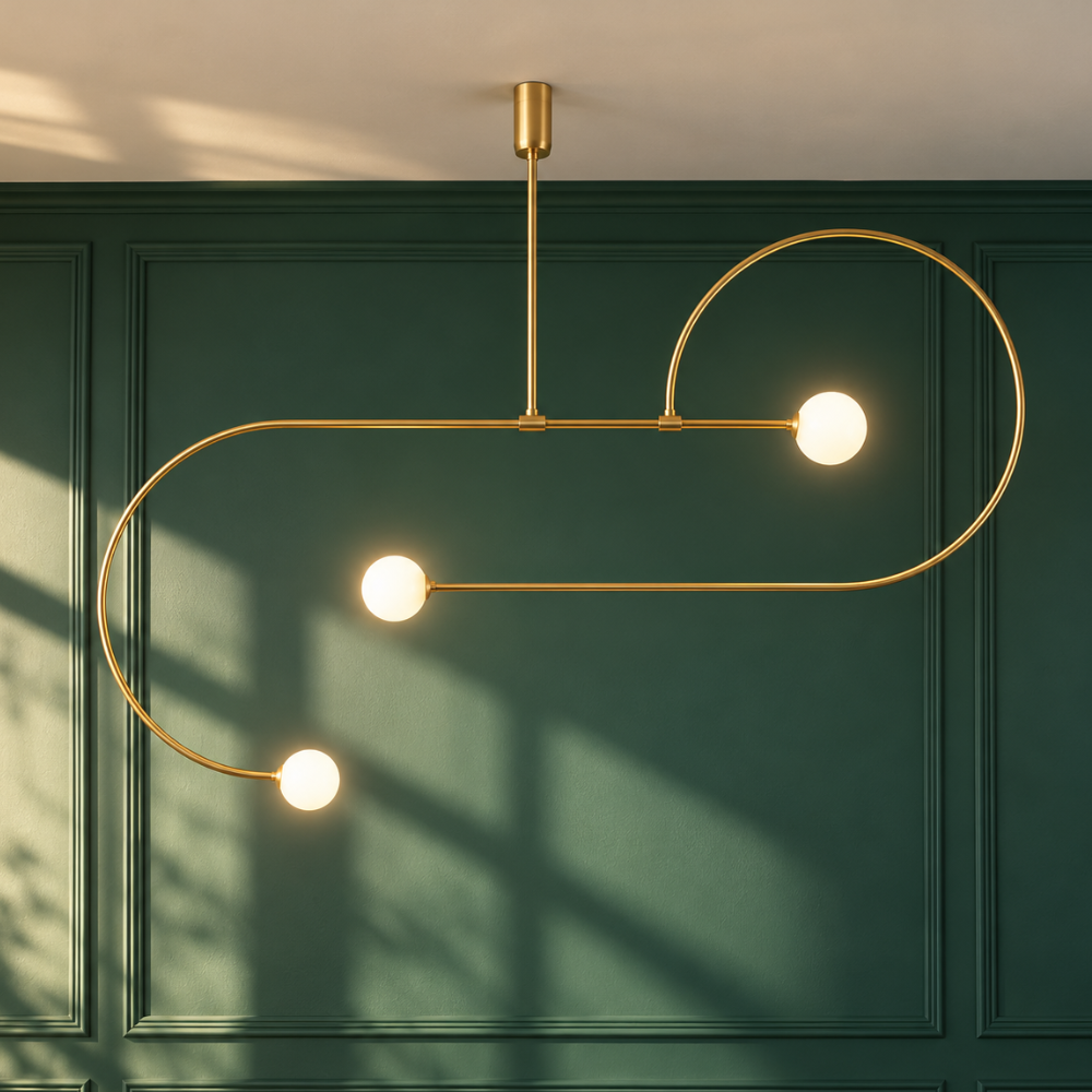 Nordic Geometric Luminaire Design Line gold curved line chandelier with glass globes on a green wall