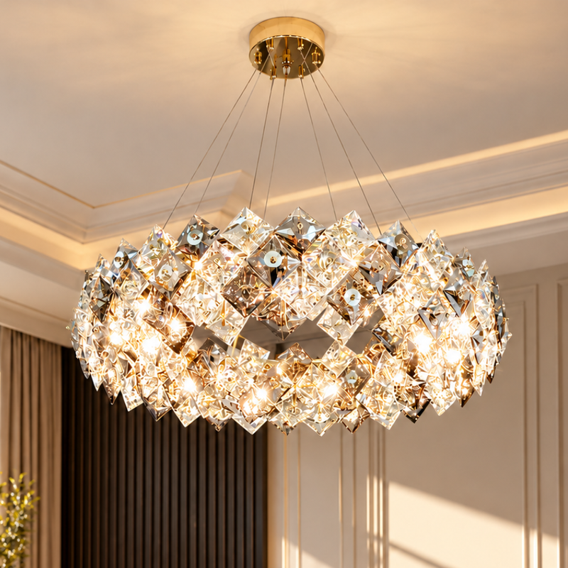 Nordic Gold LED Loft Lattice Crystal Chandelier round smoky crystal chandelier with gold frame in a living room