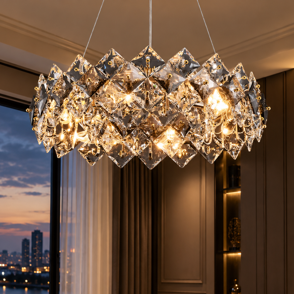 Nordic Gold LED Loft Lattice Crystal Chandelier round version glowing at dusk