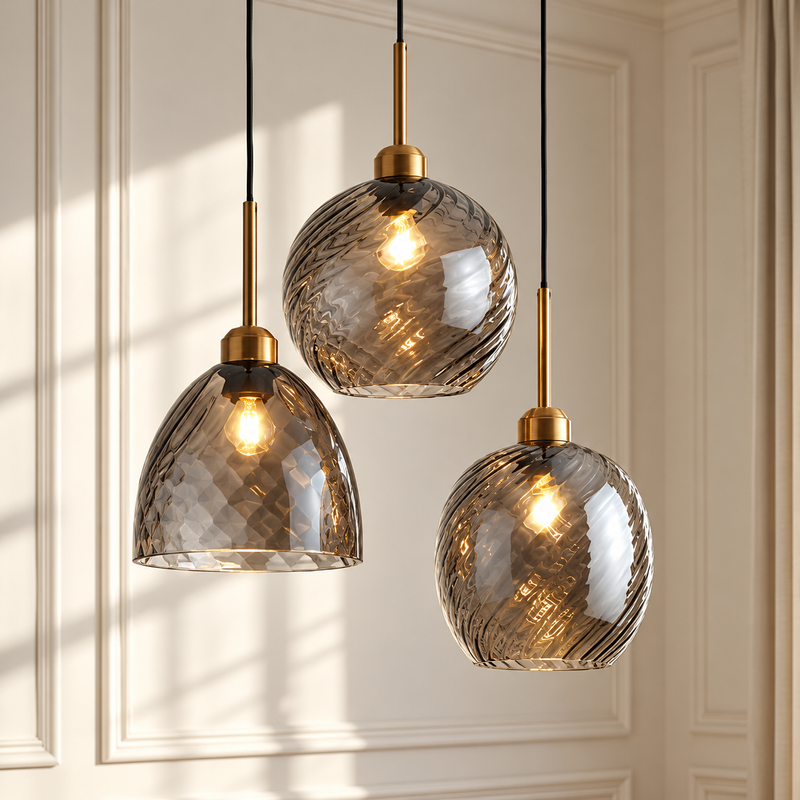Nordic Hanging Pendant Light three smoky grey swirl glass globe pendants with brass holders glowing against a white panelled wall