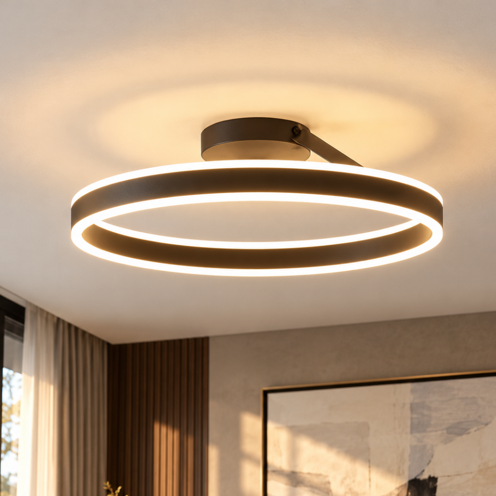 Nordic LED Designer Single Circle Chandelier black LED ring ceiling light glowing in a warm living room