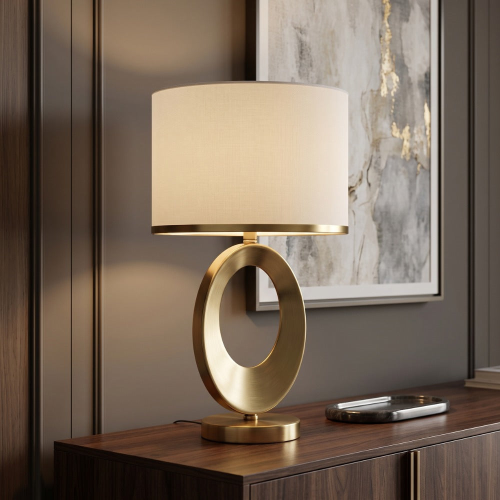 Nordic Luxury Cloth Covered Desk Lamp with white shade on a sideboard against a dark panelled wall