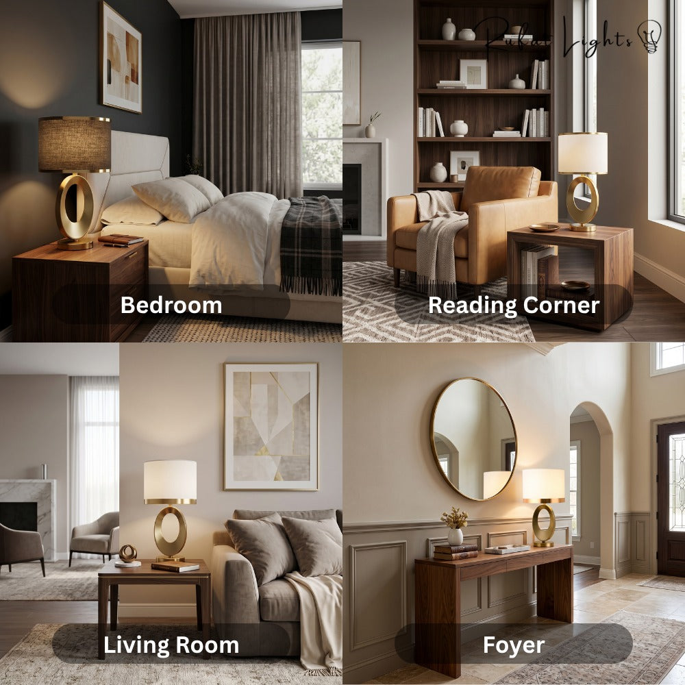 Nordic Luxury Cloth Covered Desk Lamp shown in bedroom, reading corner, living room and foyer settings