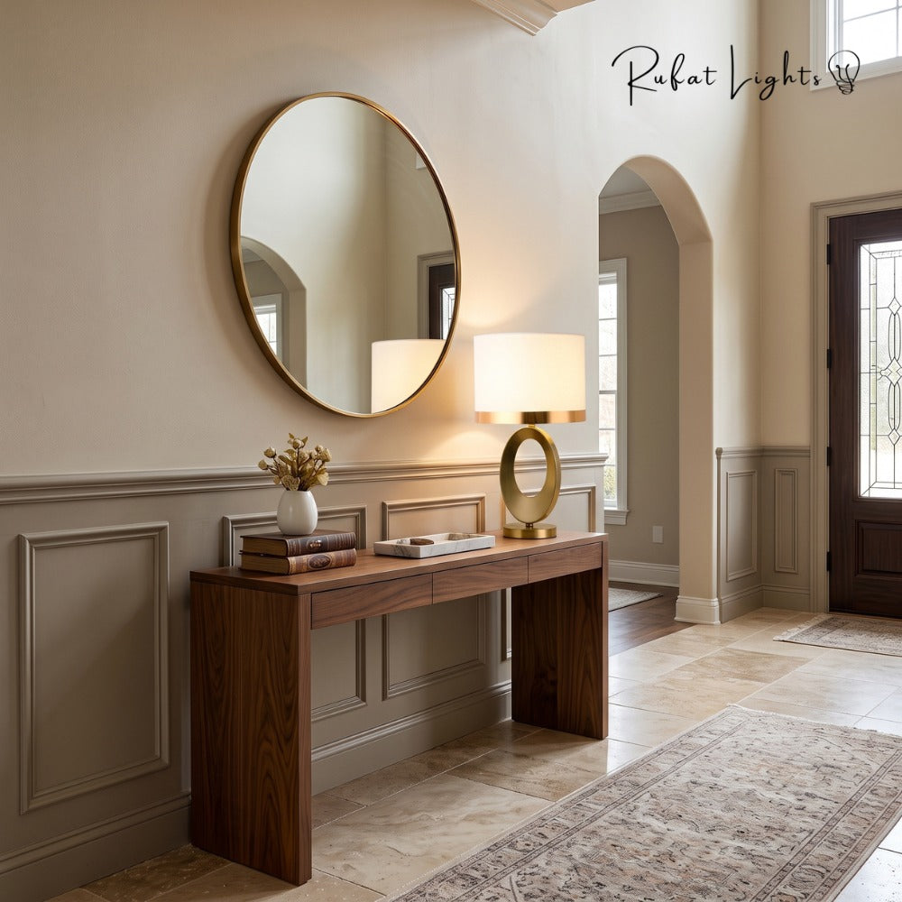 Nordic Luxury Cloth Covered Desk Lamp with white shade on a console table in a foyer