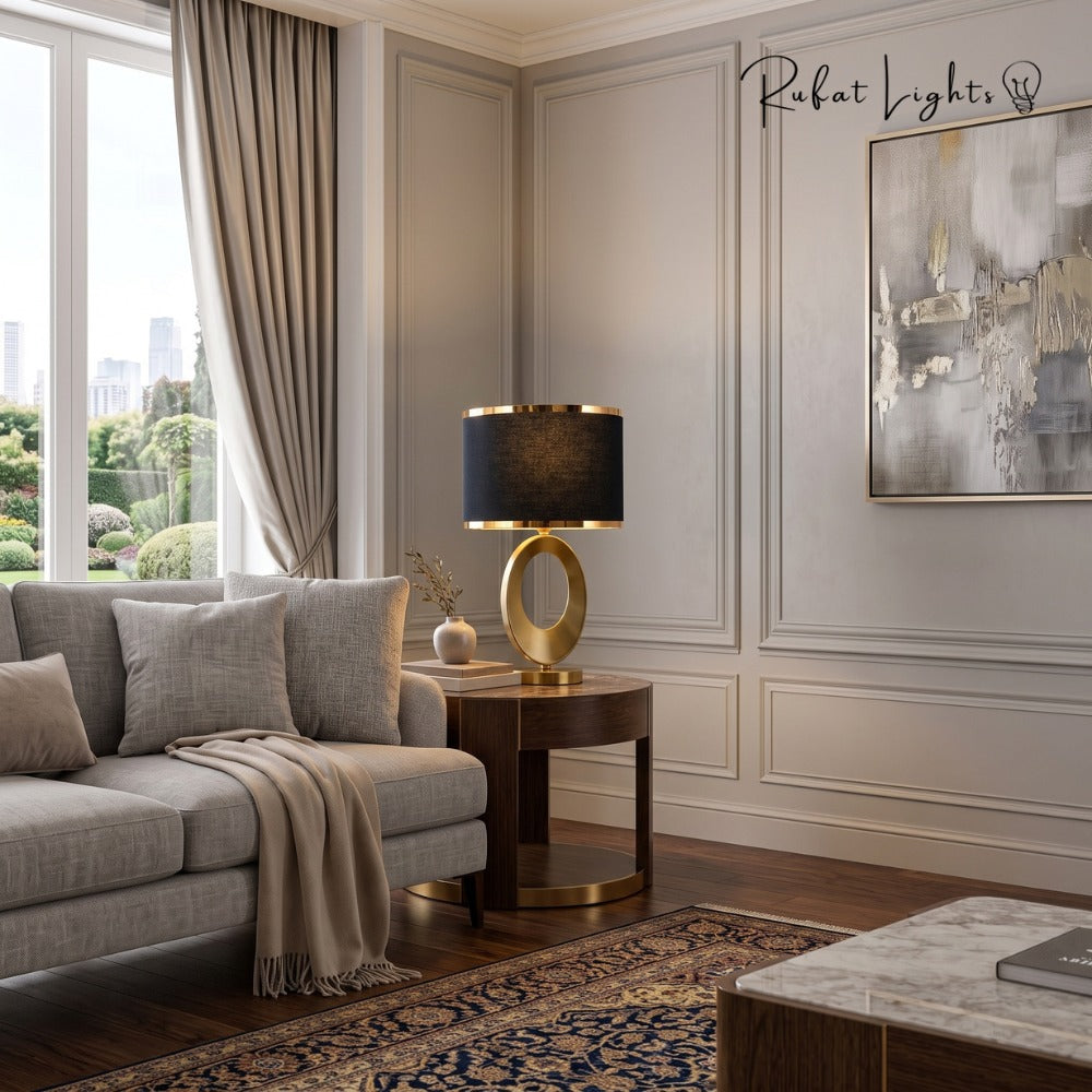 Nordic Luxury Cloth Covered Desk Lamp with black shade on a side table beside a grey sofa