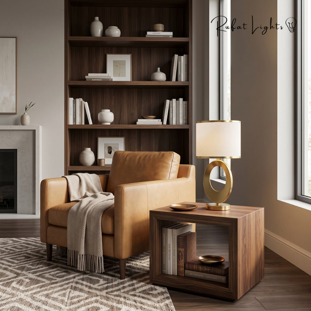 Nordic Luxury Cloth Covered Desk Lamp with white shade on a side table beside a leather armchair