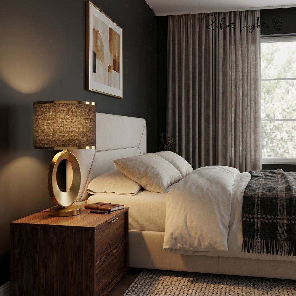 Nordic Luxury Cloth Covered Desk Lamp with black shade on a nightstand in a bedroom