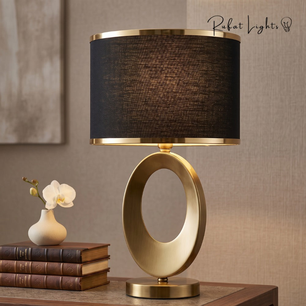 Nordic Luxury Cloth Covered Desk Lamp close-up with black shade and double gold strip