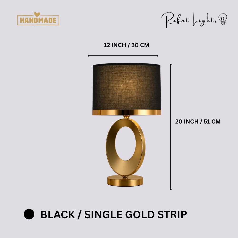 Nordic Luxury Cloth Covered Desk Lamp Black Single Gold Strip dimensions: 12 in (30 cm) wide, 20 in (51 cm) high