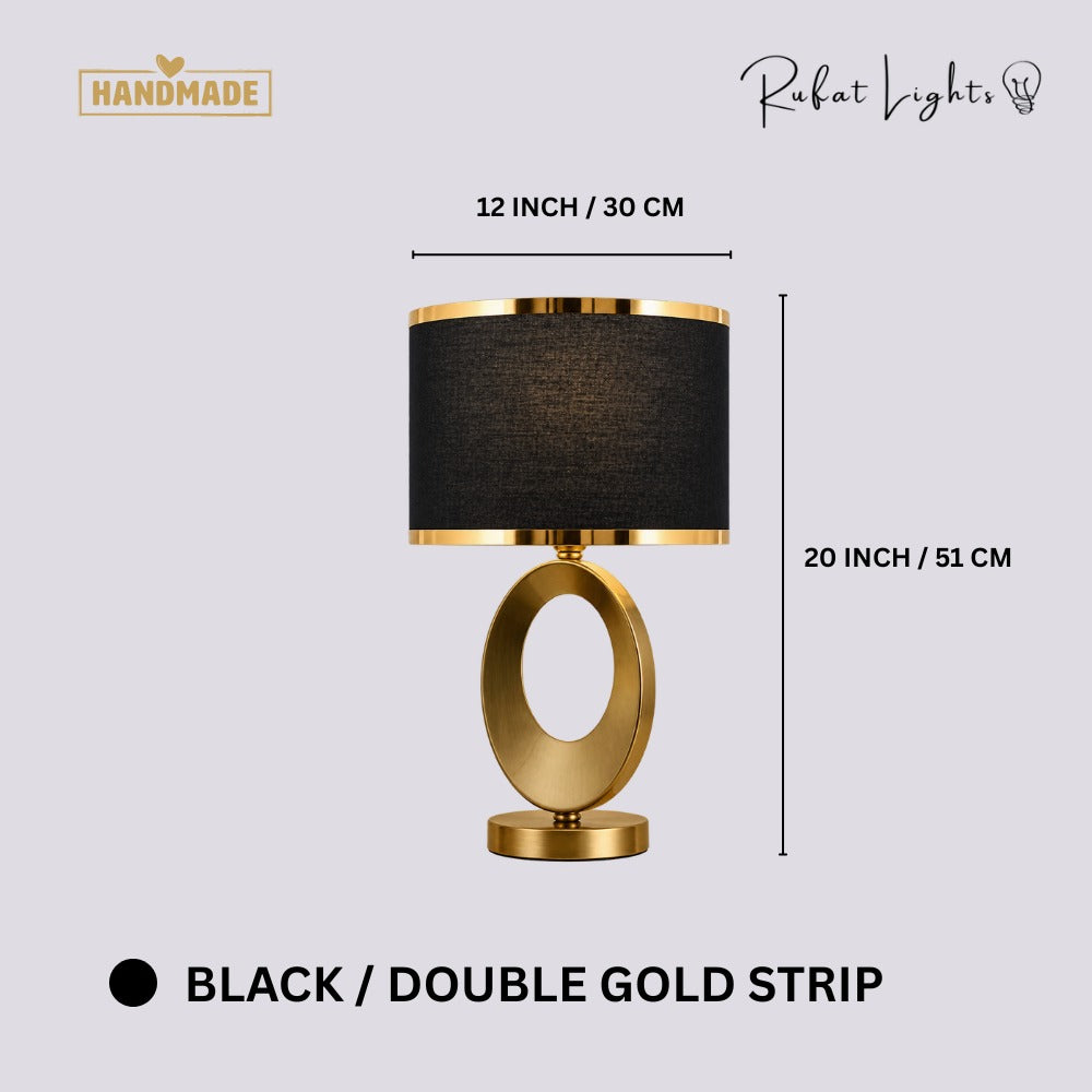 Nordic Luxury Cloth Covered Desk Lamp Black Double Gold Strip dimensions: 12 in (30 cm) wide, 20 in (51 cm) high