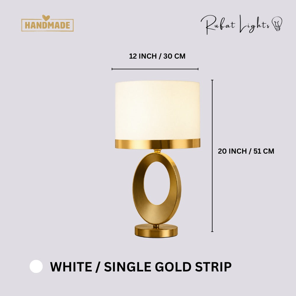 Nordic Luxury Cloth Covered Desk Lamp White Single Gold Strip dimensions: 12 in (30 cm) wide, 20 in (51 cm) high