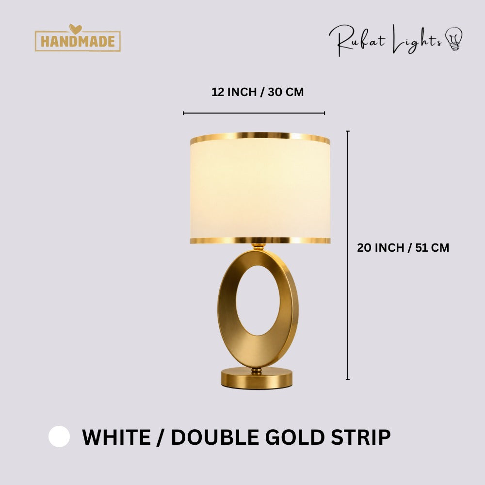 Nordic Luxury Cloth Covered Desk Lamp White Double Gold Strip dimensions: 12 in (30 cm) wide, 20 in (51 cm) high