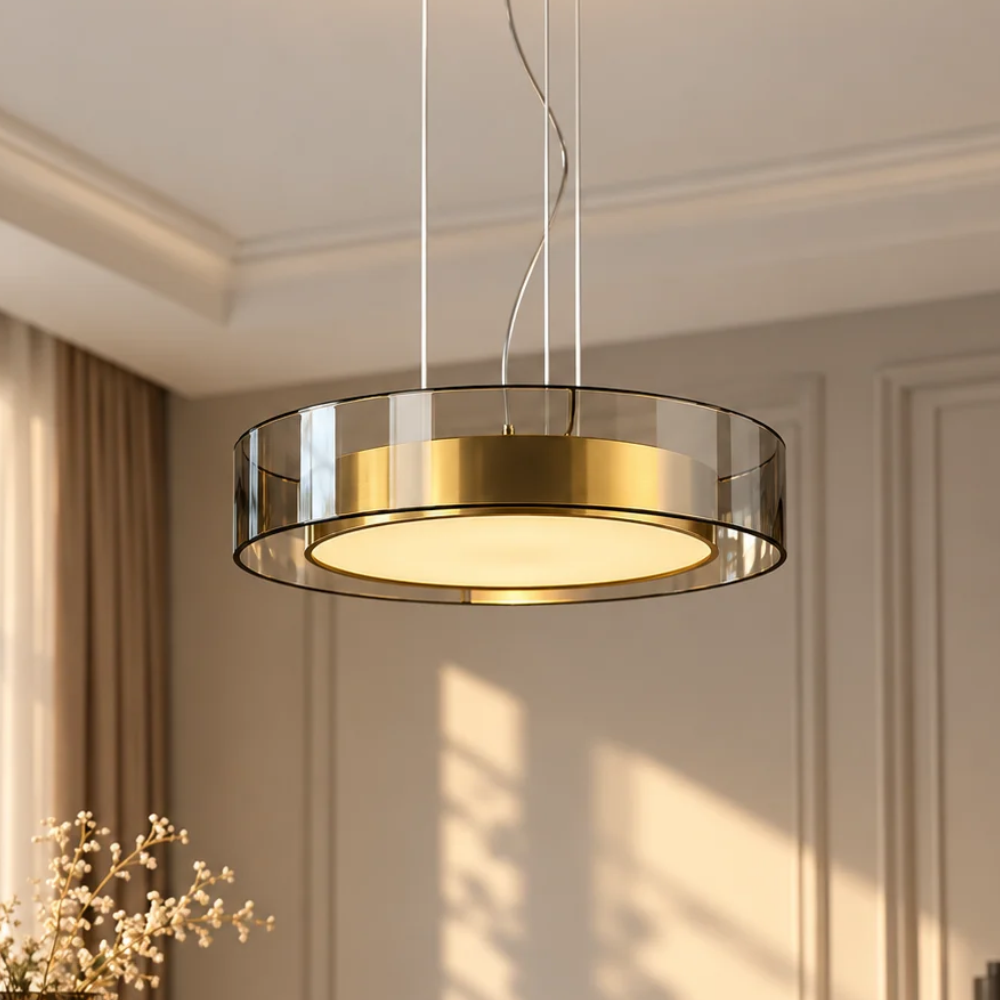 Nordic Luxury Metal Copper Pendant Lights gold metal drum pendant light with smoked shade hanging from cables