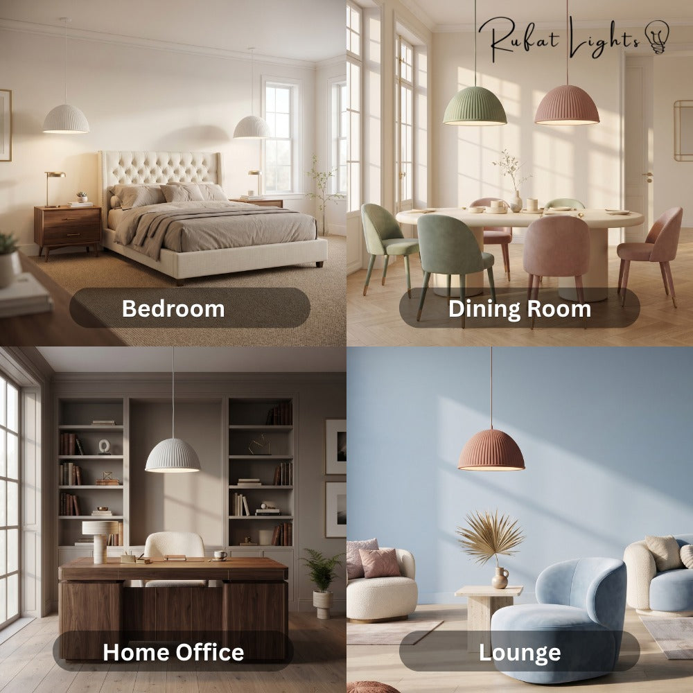 Nordic Macaron Resin Pendant Lights shown in a bedroom, dining room, home office and lounge