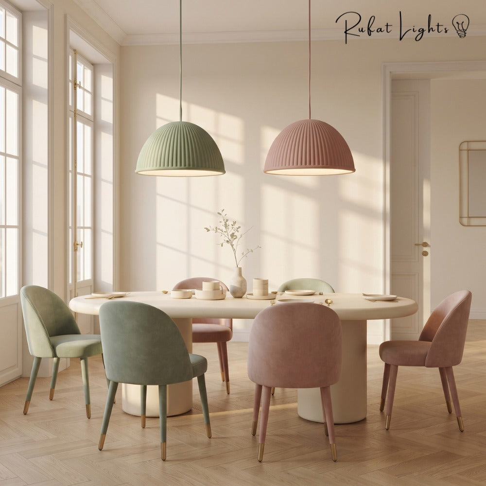 Nordic Macaron Resin Pendant Lights Green and Pink over a dining table