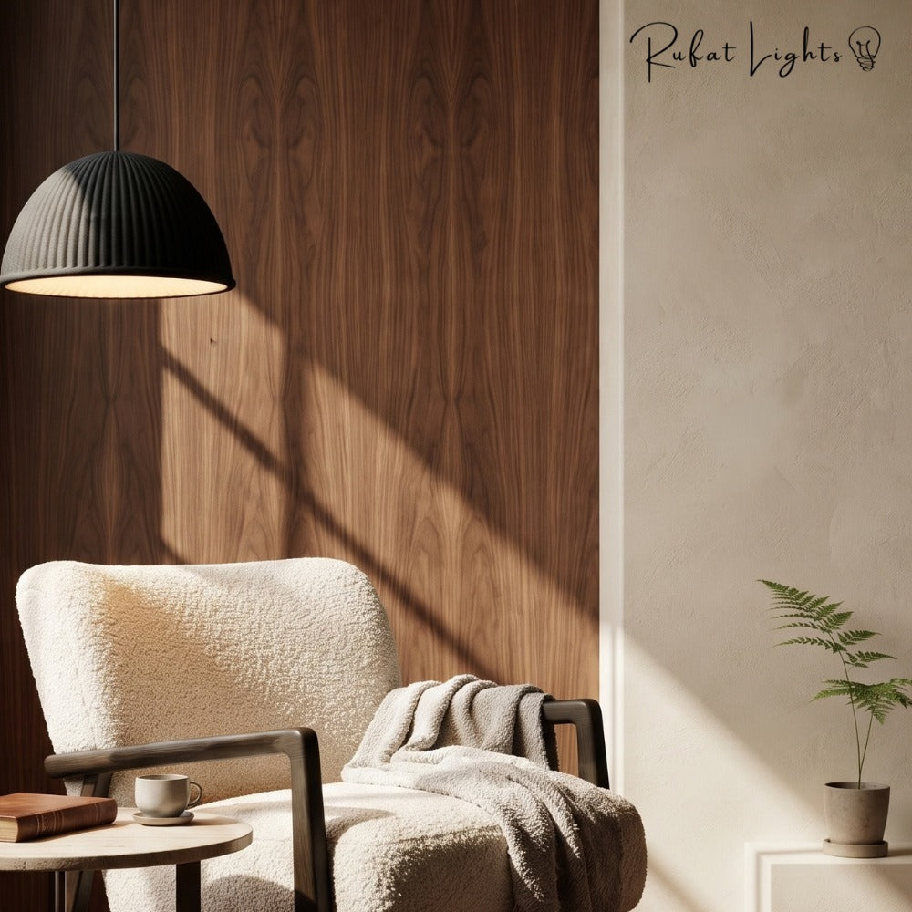 Nordic Macaron Resin Pendant Lights Black above an armchair