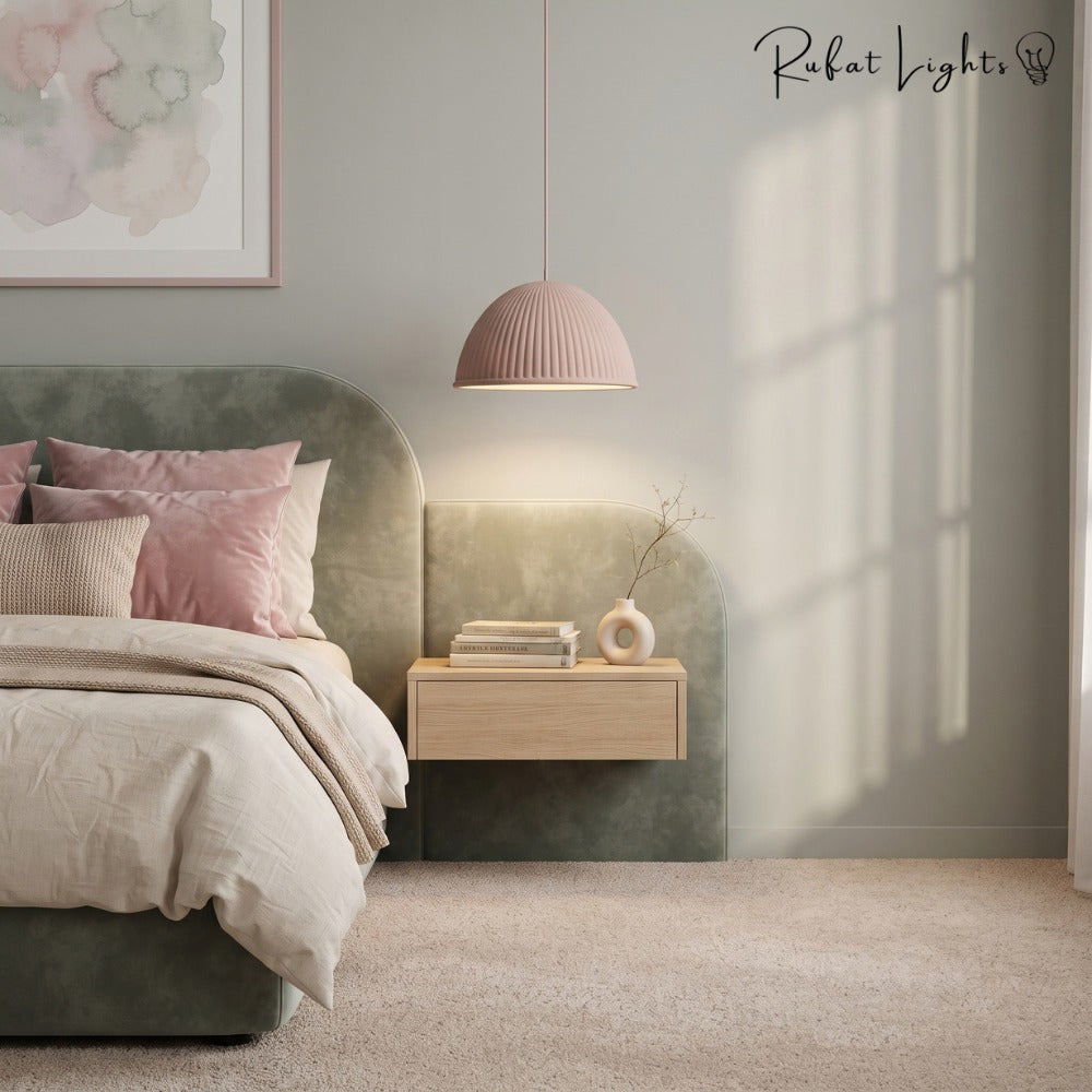 Nordic Macaron Resin Pendant Lights Pink beside a bed