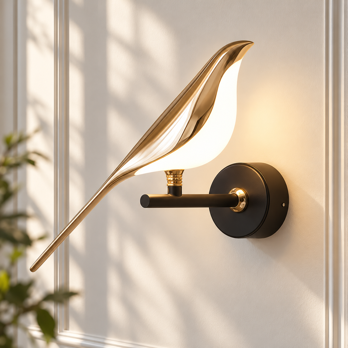 Nordic Magpie Art Design Golden Bird Wall Lights golden magpie bird wall light glowing on a sunlit cream wall