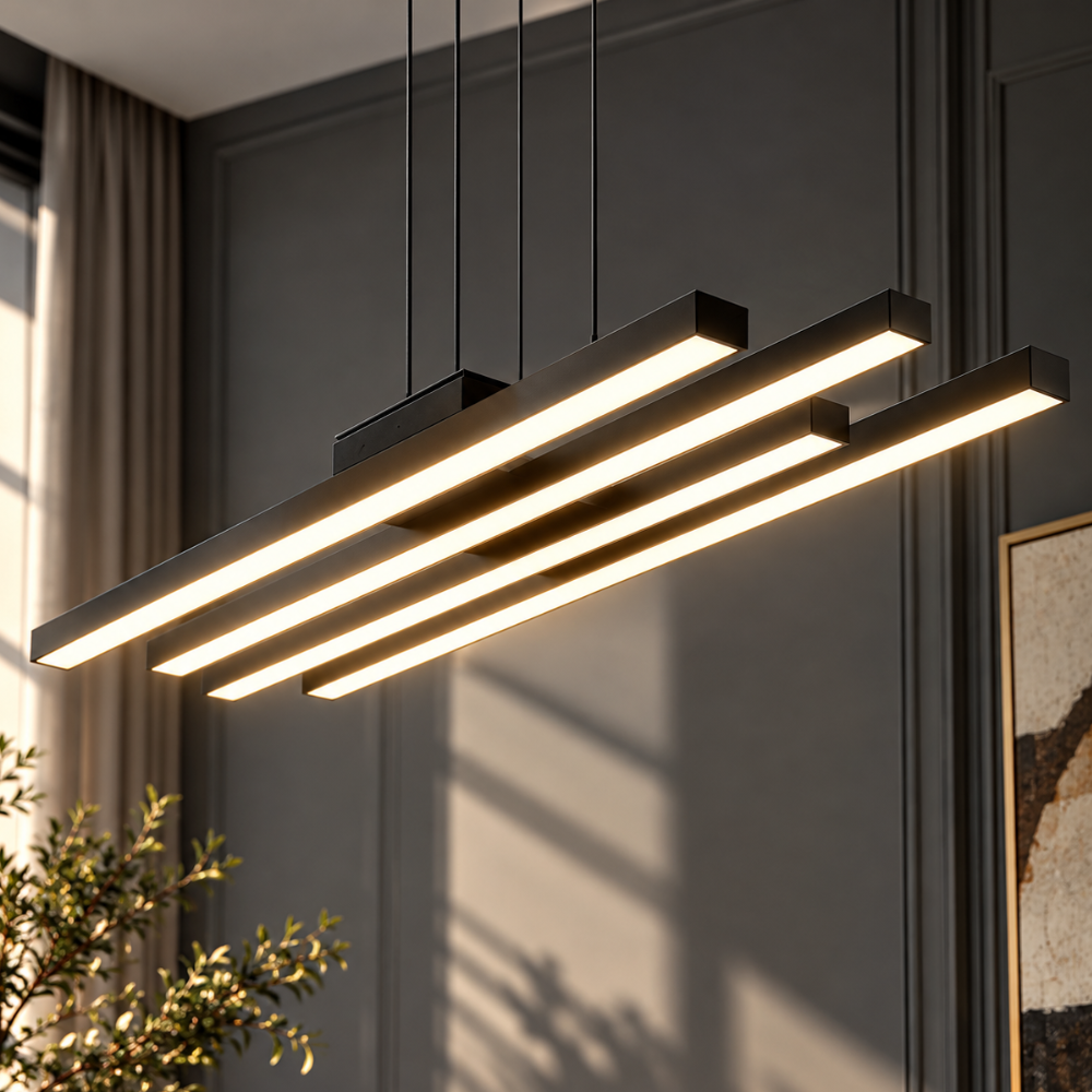 Nordic Modern Minimalist Aluminum Material LED Chandelier black linear LED chandelier in a dark living room