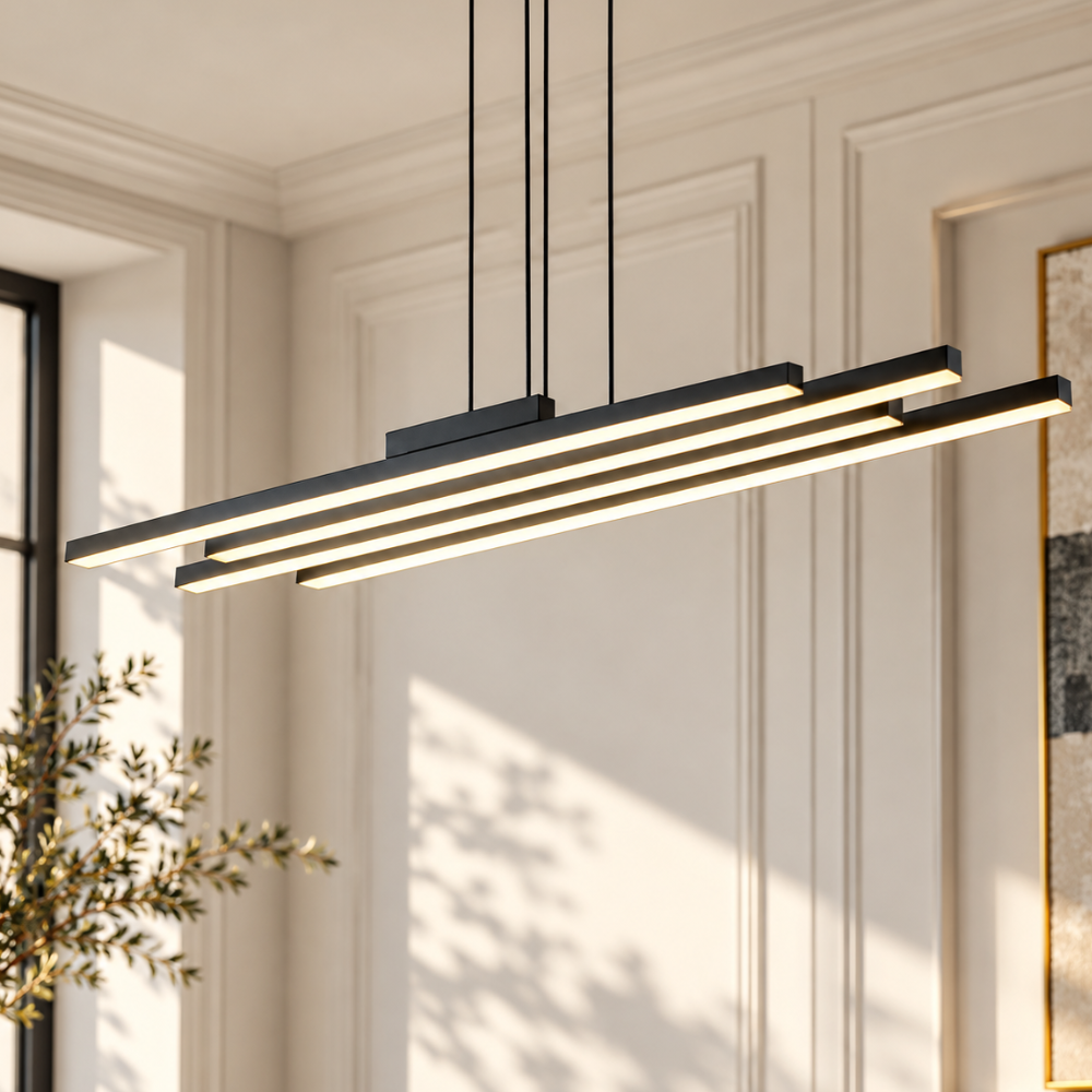Nordic Modern Minimalist Aluminum Material LED Chandelier hanging version in a bright room