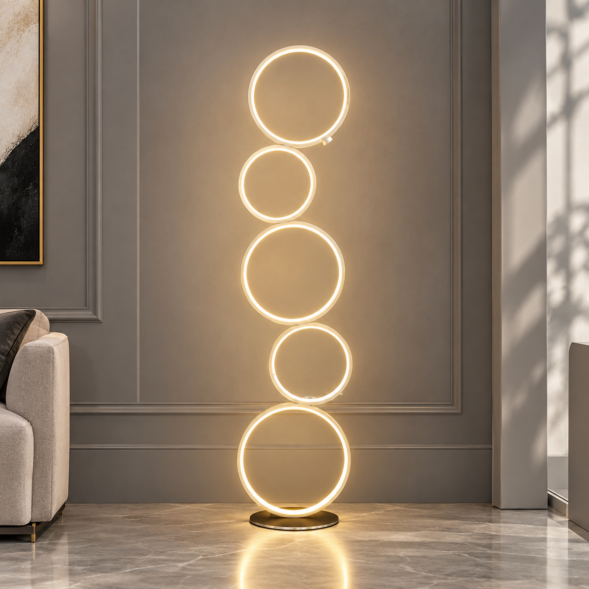 Nordic Ring Design Led Floor Lamp white five-ring LED floor lamp glowing in a bright marble-floored room