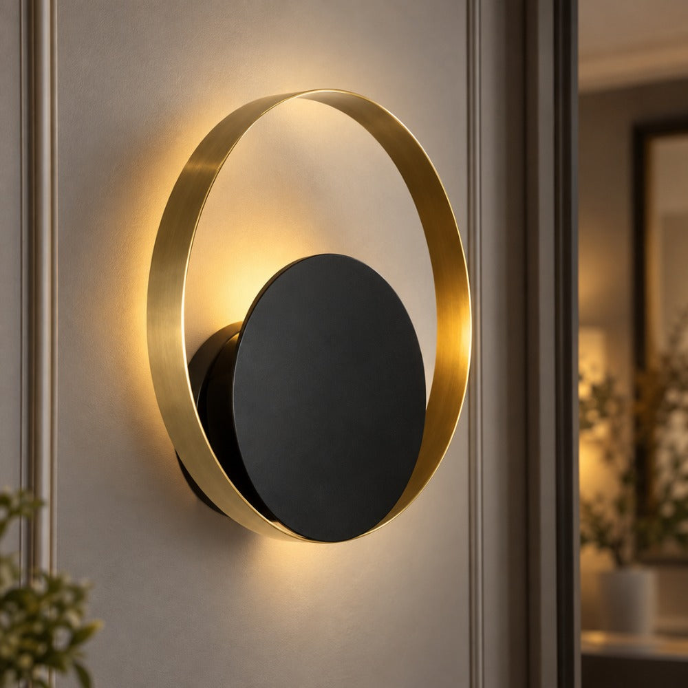 Nordic Modern Ring Golden Wall Sconce Type-A with gold ring framing a black disc, side view