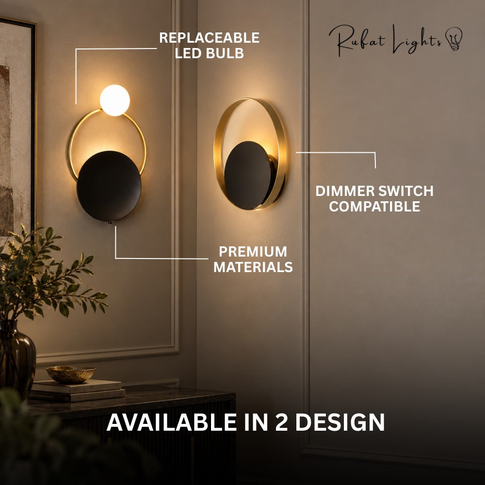 Nordic Modern Ring Golden Wall Sconce features: replaceable LED bulb, dimmer switch compatible, premium materials, available in 2 designs
