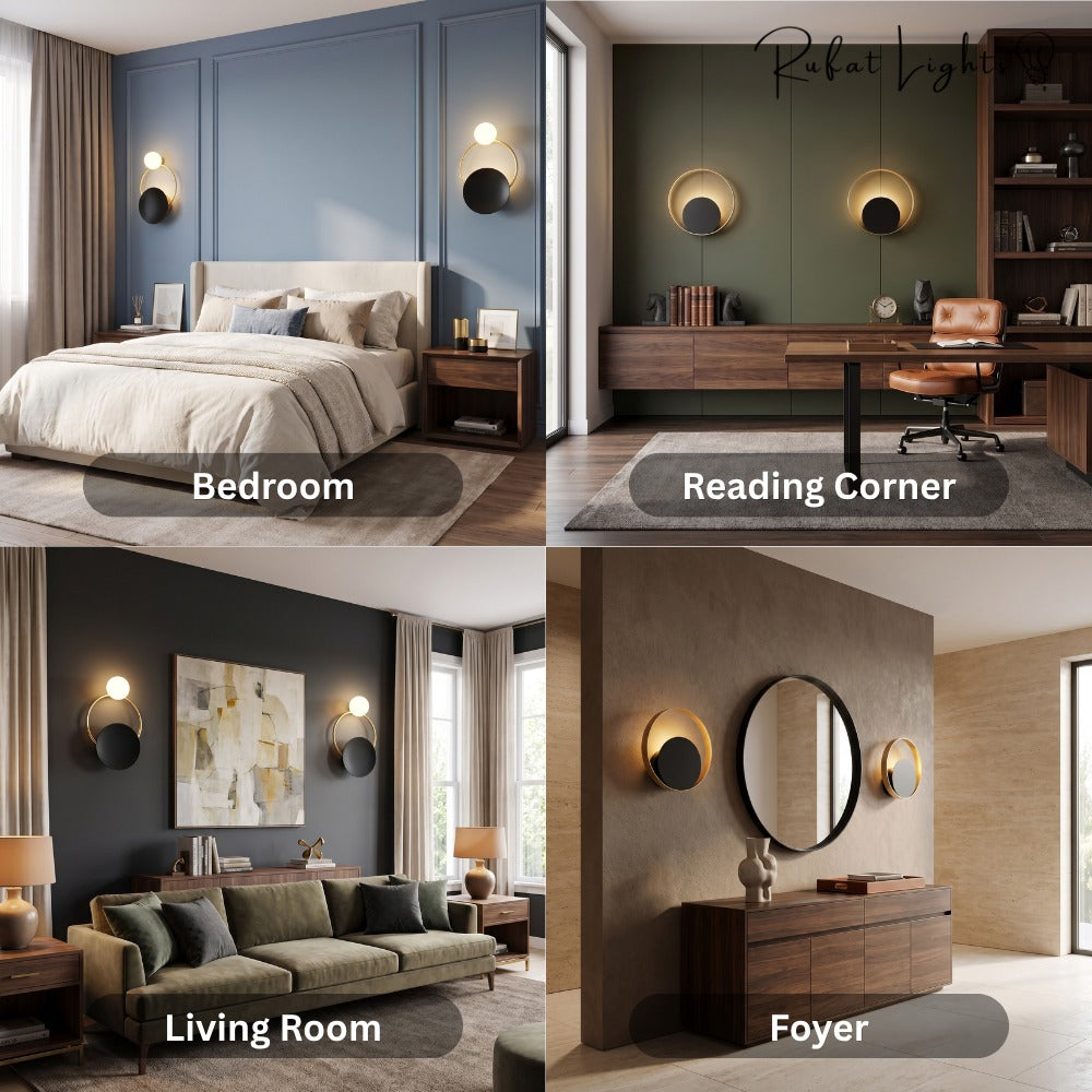 Nordic Modern Ring Golden Wall Sconce shown in bedroom, reading corner, living room and foyer settings