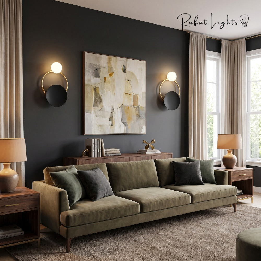 Nordic Modern Ring Golden Wall Sconce Type-B pair above a green sofa in a living room