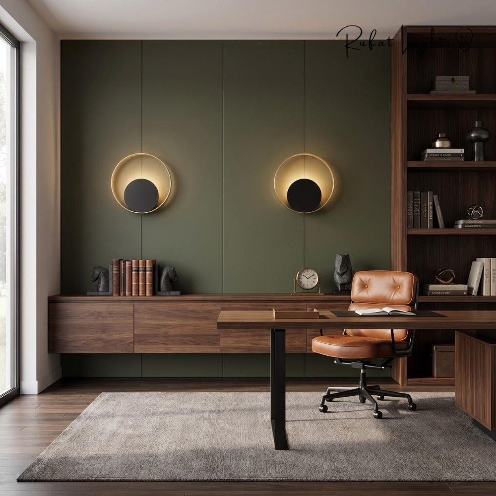 Nordic Modern Ring Golden Wall Sconce Type-A pair in a home office with a wooden desk