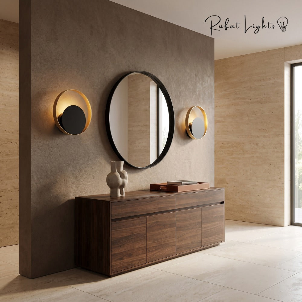 Nordic Modern Ring Golden Wall Sconce Type-A pair beside a round mirror in a foyer