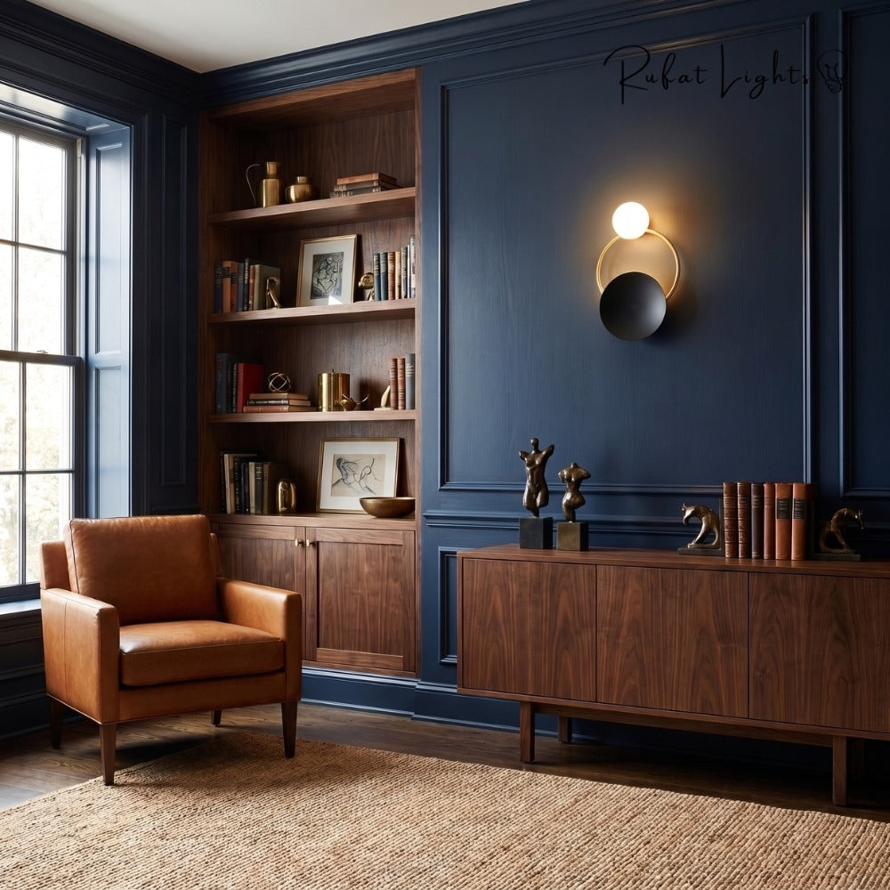 Nordic Modern Ring Golden Wall Sconce Type-B above a sideboard in a navy library room