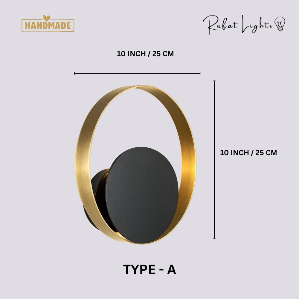 Nordic Modern Ring Golden Wall Sconce Type-A dimensions: 10 in (25 cm) wide, 10 in (25 cm) high